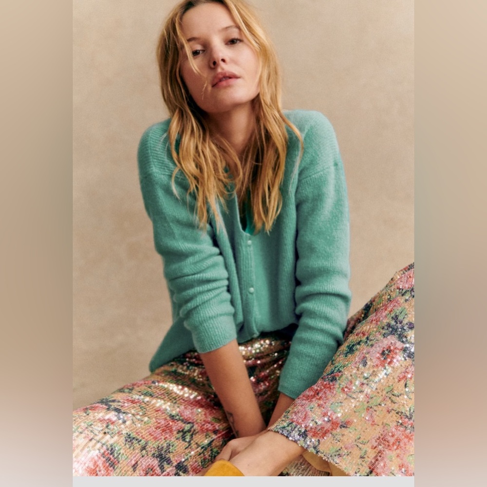 Sezane Barry Light Sage Kid Mohair Wool Teal Button Casual Cardigan Knit